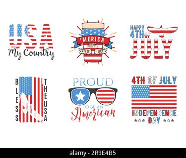 4th de juillet typographie 6 dessins ensemble avec des citations et des éléments - hot dog, drapeaux. US Independence Day. Quatrième de juillet calligraphie, lettrage co Illustration de Vecteur