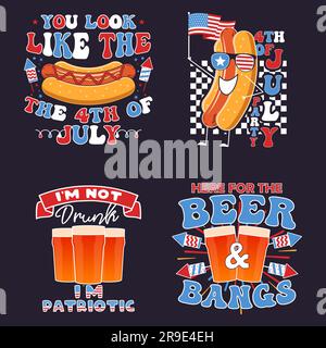 4th de juillet typographie dessins ensemble avec des citations et des éléments - hot dog, drapeaux. US Independence Day. Quatrième de juillet calligraphie, lettrage comp Illustration de Vecteur
