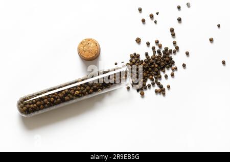 Grains de poivre noir dans un récipient en verre et liège isolé sur fond blanc. Banque D'Images