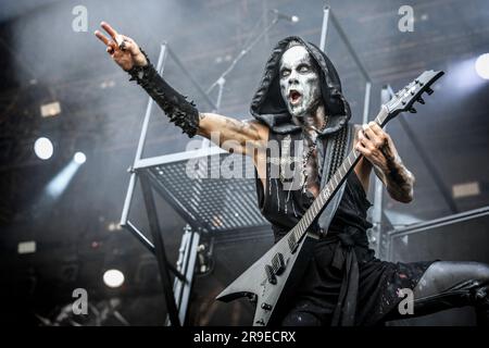 Oslo, Norvège. 22nd, juin 2023. Le groupe polonais Behemoth joue un concert lors du festival de musique norvégien tonnes of Rock 2023 à Oslo. Ici, le chanteur et guitariste Nergal est vu en direct sur scène. (Crédit photo: Gonzales photo - Terje Dokken). Banque D'Images