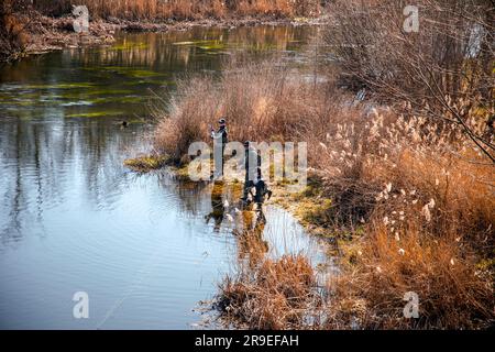 Salamanque, Espagne - 20 février 2022 : les gens pêchent au bord du fleuve Tormes à Salamanque, Espagne. Banque D'Images