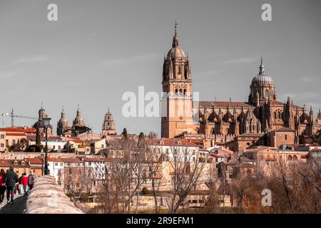 Salamanque, Espagne - 20 février 2022 : vue sur la ville de Salamanque avec la cathédrale de l'autre côté de la rivière Tormes, Salamanque. Banque D'Images