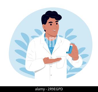 Journée mondiale de l'asthme et des allergies. Un jeune médecin souriant tient un inhalateur pour inhalation dans ses mains. Médecin enfant. Asthme bronchique. Allergie Illustration de Vecteur