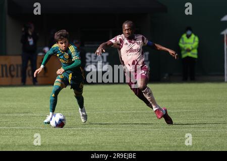 25 mars 2023 ; Portland, Oregon, États-Unis ; Match MLS entre le Los Angeles Galaxy et Portland Timbers à Providence Park. (Photo : Al Sermeno) Banque D'Images