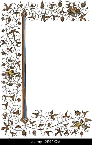 Vecteur d'une bordure médiévale illuminée de style manuscrit, trois oiseaux sur des vignes florales Illustration de Vecteur