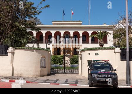 Le consulat français dans le centre-ville de Tanger, basé dans un bâtiment ol colonial de la période Franch, au Maroc Banque D'Images