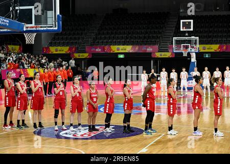 26th juin 2023 ; The Quaycenter, Sydney Olympic Park, Sydney, Nouvelle-Galles du Sud, Australie: Coupe de l'Asie FIBA Womens 2023, Groupe A, Chine contre Liban; Liban pendant leur hymne national Banque D'Images