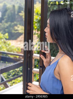 Une jeune femme ouvre une fenêtre avec vue sur le paysage Banque D'Images