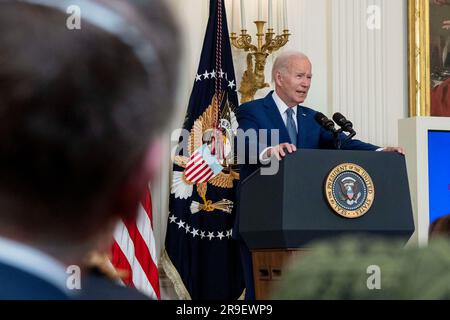 Washington, États-Unis. 26th juin 2023. ÉTATS-UNIS Le président Joe Biden parle de l'annonce de l'Administration sur l'infrastructure Internet à haute vitesse dans la salle est de la Maison Blanche à Washington, DC lundi, 26 juin 2023. Photo de Ken Cedeno/Pool/ABACAPRESS.COM crédit: Abaca Press/Alay Live News Banque D'Images