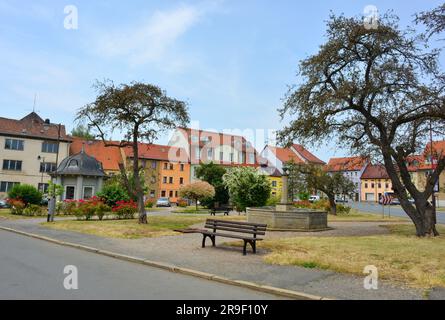 Bürgel, Allemagne, place du marché avec puits et plantes en été Banque D'Images