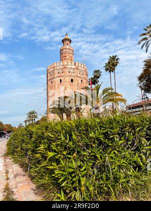 Séville, Espagne - 24 FÉVRIER 2022 : la Torre del Oro, Tour d'Or est une tour de guet militaire à Séville, Espagne. Érigée par le califat d'Almohad pour contro Banque D'Images