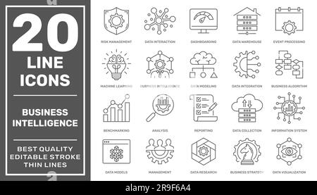 Ensemble d'icônes liées à la veille stratégique et à la gestion d'entreprise, telles que l'apprentissage automatique, la modélisation des données, le développement, la visualisation, le risque Illustration de Vecteur