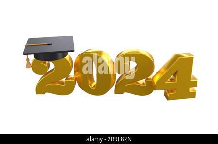 Icône de classe 2024 3D. Modèle de conception avec Cap et chiffres pour les diplômés de la formation de félicitations. Illustration typographique de remise des diplômes en or pour la cérémonie, la fête Banque D'Images