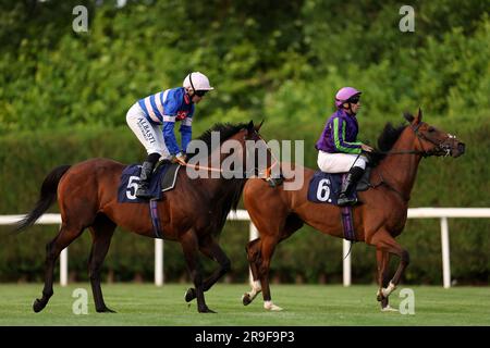 Morcar monté par le jockey Pat Dobbs après avoir gagné The Play avec le meilleur bookmaker, Fitzdares handicap à l'hippodrome de Windsor. Date de la photo: Lundi 26 juin 2023. Banque D'Images