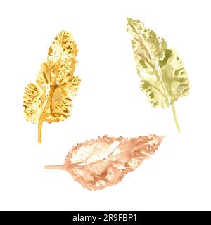 Feuilles créatives impression en couleurs d'automne isolées sur fond blanc. Ensemble de feuilles sèches d'automne. Illustration aquarelle de silhouettes colorées Banque D'Images