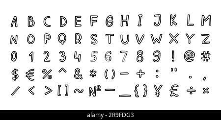 Police noire griffonne de l'alphabet latin abc avec chiffres et symboles écrits à la main De A à Z, ensemble de 0 à 9. Illustration vectorielle de style doodle isolée sur Illustration de Vecteur