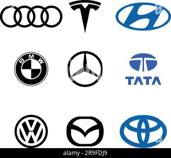 BMW, Volkswagen, Toyota, Audi, Mercedes, Tesla, Mazda, Tata, Hyundai, logo icône symbole de marque de voiture célèbre étiquette style d'identité Top Automotive. BLAC Illustration de Vecteur