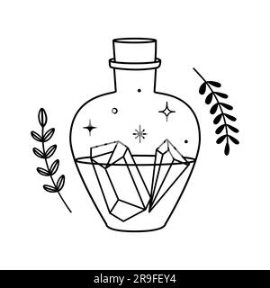 Illustration vectorielle avec bouteille de potion d'amour mystique en style boho dessiné à la main avec des étoiles, des cristaux et des plantes. Isolé sur fond blanc. Sorccraf Illustration de Vecteur