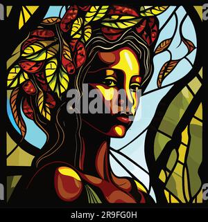 Femme africaine, style vitrail, couronne de feuilles dans les cheveux Illustration de Vecteur