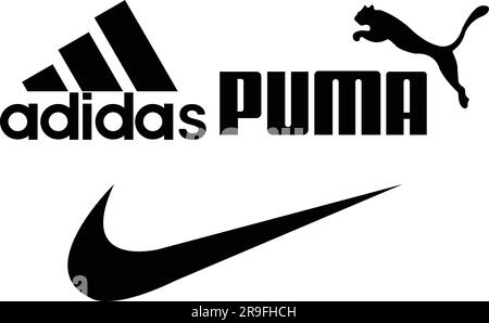 Logos des marques Adidas, Puma et Nike SPORTSWEAR. Logo de la marque des chaussures et des T-shirts noir sur fond transparent Illustration de Vecteur