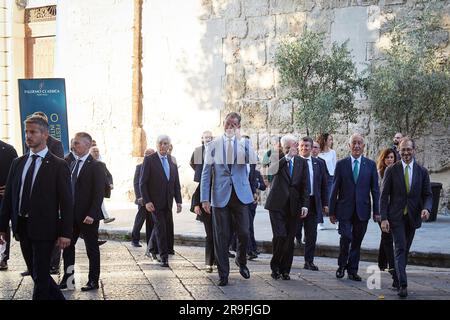 Palerme, Sicile, Italie. 26th juin 2023. Les chefs d'État de l'Italie, du Portugal et de l'Espagne à Palerme, en Sicile, parlent de : ''l'innovation dans la finance durable''. Auparavant, les chefs d'État ont visité le centre-ville en compagnie du gouvernement municipal, avec le maire de Palerme Roberto Lagalla et le conseiller en urbanisme Maurizio Carta, et régional, avec le président de la Sicile Renato Schifani.'innovation dans la finance durable'': C'est le thème central du XVI Symposium COTEC Europe, la réunion institutionnelle annuelle entre les fondations pour l'innovation de l'Italie, Port Banque D'Images