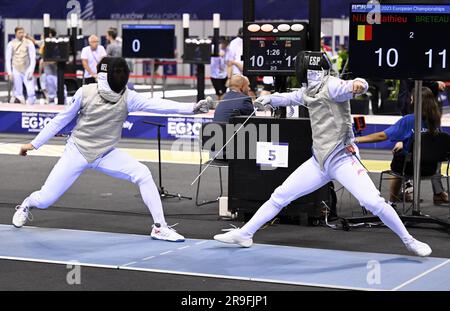 Cracovie, Pologne. 26th juin 2023. L'athlète d'escrime Mathieu Nijs photographié en action lors d'un combat dans la compétition masculine d'escrime, aux Jeux européens de Cracovie, en Pologne, le lundi 26 juin 2023. Les Jeux européens de 3rd, officieusement connus sous le nom de Cracovie-Malopolska 2023, sont des manifestations sportives internationales prévues du 21 juin au 02 juillet 2023 à Cracovie et à Malopolska, en Pologne. BELGA PHOTO LAURIE DIEFFEMBACQ crédit: Belga News Agency/Alay Live News Banque D'Images