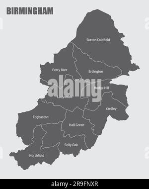 Carte administrative de Birmingham isolée sur fond gris Illustration de Vecteur