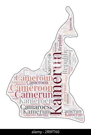 Forme camerounaise remplie de nom de pays dans de nombreuses langues. Carte du Cameroun en style wordcloud. Illustration vectorielle créative. Illustration de Vecteur