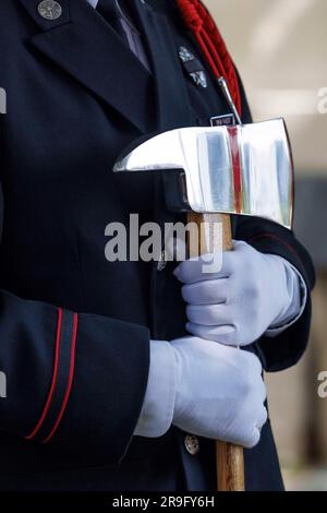 Portland, États-Unis. 26th juin 2023. Les pompiers de Portland ont tenu leur cérémonie annuelle du Mémorial David Campbell à 28 juin 2023, au Mémorial des pompiers du centre-ville de Portland, en Oregon, pour honorer les pompiers qui sont morts dans l'exercice de leurs fonctions. Il porte le nom du chef des pompiers David Campbell, qui est décédé en protégeant d'autres pompiers sur 26 juin 1911. (Photo de John Rudoff/Sipa USA) crédit: SIPA USA/Alay Live News Banque D'Images