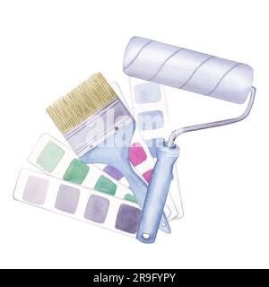 Brosse à rouleaux et à poils, manche bleu, outil de réparation. Guide de palette de couleurs, catalogue de nuances. Illustration aquarelle dessinée à la main isolée sur whi Banque D'Images