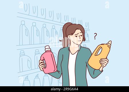 Une femme tient des bouteilles de détergent à lessive ou de produit nettoyant à proximité des étagères du supermarché. Le visiteur de fille au supermarché compare les marchandises choisissant la meilleure option pour l'achat Illustration de Vecteur