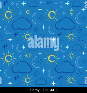 Dessin à la main craie sans couture Sun, nuage, lune, étoiles objets Sky Illustration vectorielle Illustration de Vecteur