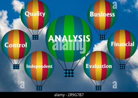 Ballons à air chaud avec CONCEPT D'ANALYSE. Le contexte abstrait, la pensée et la créativité. 3d illustration. Banque D'Images