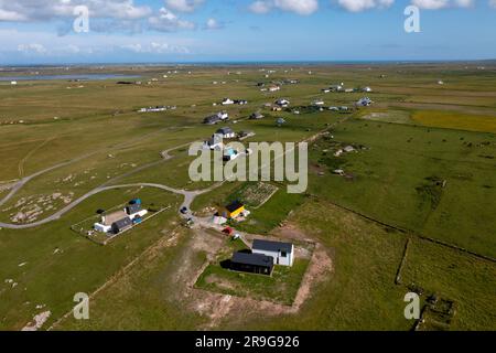 Vue aérienne de la colonie de Balevullin sur l'île de Tiree, Inner Hebirdes, Écosse. Banque D'Images