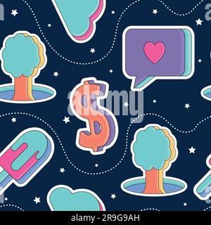 Fond de motif sans couture 3D sticker groovy icônes fond d'écran Vector Illustration de Vecteur