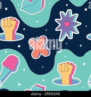 Fond de motif sans couture 3D sticker groovy icônes fond d'écran Vector Illustration de Vecteur