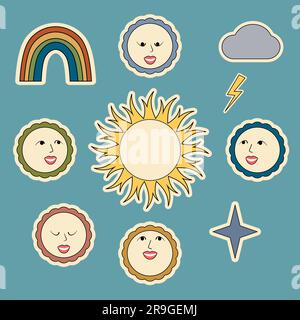 Soleil et visages comiques avec diverses émotions. Autocollants soleil, arc-en-ciel, nuage, étoile et foudre ensemble personnages de dessin animé drôle illustration vectorielle isolée Illustration de Vecteur