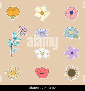 Diversité fleurs autocollants collection têtes de fleurs ensemble floral décoratif dessiné à la main élément de conception pour la décoration et le journal à balles vecteur isolé i Illustration de Vecteur