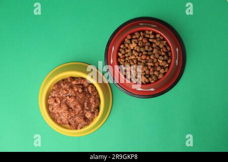 Sécher et mouiller les aliments pour animaux dans les bols à nourrir sur fond vert, à plat Banque D'Images