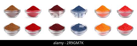 Collage de différentes colorants alimentaires en poudre dans des bols isolés sur blanc Banque D'Images
