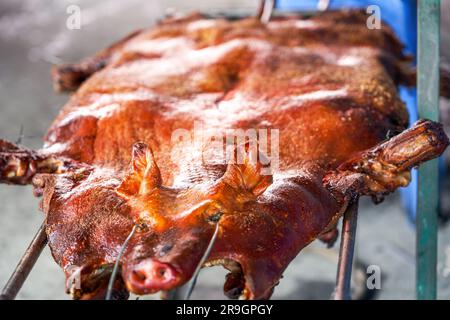 Porc de succion croustillant fraîchement cuit, un porc entier à la peau croustillante Banque D'Images