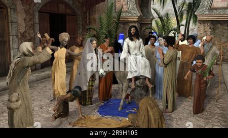 En 3D, une illustration de Jésus-Christ a porté un âne dans la ville sainte de Jérusalem Banque D'Images
