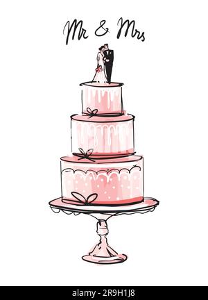 Gâteau de mariage à plusieurs niveaux avec les figurines de la mariée et du marié, MR et Mme Classic a décoré le gâteau sur un stand, ligne linéaire de dessin de mode et aquarelle. W Illustration de Vecteur