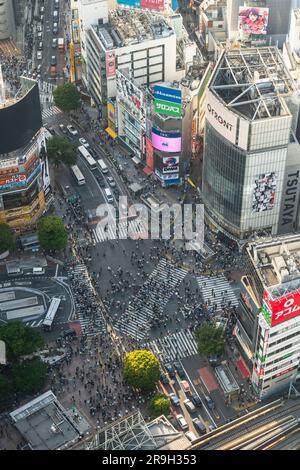 Tokyo, Japon - 04 mai 2023 : vue aérienne des gens qui traversent la célèbre traversée de Shibuya à Tokyo, capitale du Japon Banque D'Images