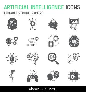 Jeu d'icônes de glyphe d'intelligence artificielle, collection de technologies, graphiques vectoriels ai, illustrations de logo, résolution d'icônes vectorielles, signes conceptuels d'intelligence artificielle, pictogrammes solides, trait modifiable Illustration de Vecteur