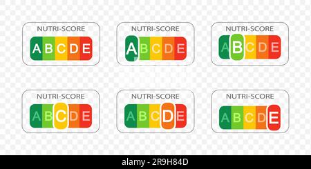 Collection d'étiquettes Nutri Score avec des lettres de gradation sur fond transparent. Qualité nutritionnelle des aliments autocollants utilisés dans le système d'évaluation des produits en Europe. Illustration vectorielle plate Illustration de Vecteur