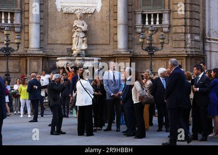 Palerme, Italie. 26th juin 2023. LE ROI D'ESPAGNE FELIPE VI LE PRÉSIDENT DE LA RÉPUBLIQUE SERGIO MATTARELLA ET LE PRÉSIDENT DU PORTUGAL À PALERME dans la photo le roi d'Espagne Felipe VI avec le président de la République Sergio Mattarella et le président du Portugal Marcelo Rebelo de Sousa visite de la cathédrale Palerme sur 4 canti et l'église de San Giovanni degli Eremiti crédit: Agence de photo indépendante/Alamy Live News Banque D'Images