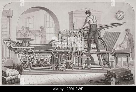 Presse cylindrique 19th Century Cottrell & Babcock. Après une illustration dans la Cyclopedia of Applied Mechanics d'Appletons, publiée en 1880. Banque D'Images