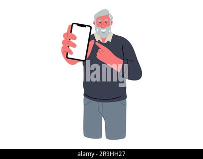 Homme senior montrant sur le téléphone mobile et donne un indice.Illustration vectorielle Illustration de Vecteur