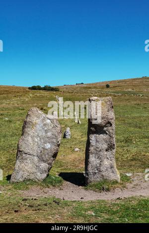 Colonie préhistorique de Merrivale, Dartmoor occidental, Princetown, Yelverton, Devon, Angleterre, Royaume-Uni: Lignes de pierre néolithique, cercles de pierre et monuments Banque D'Images